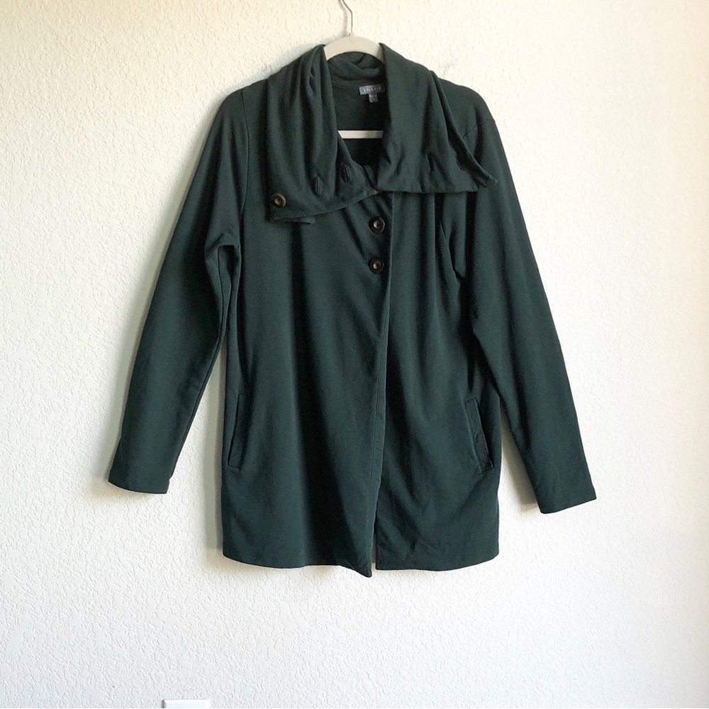 Lilla P Foldover Neck Cotton Terry Stretch Jacket Dark Green XL Button Neck